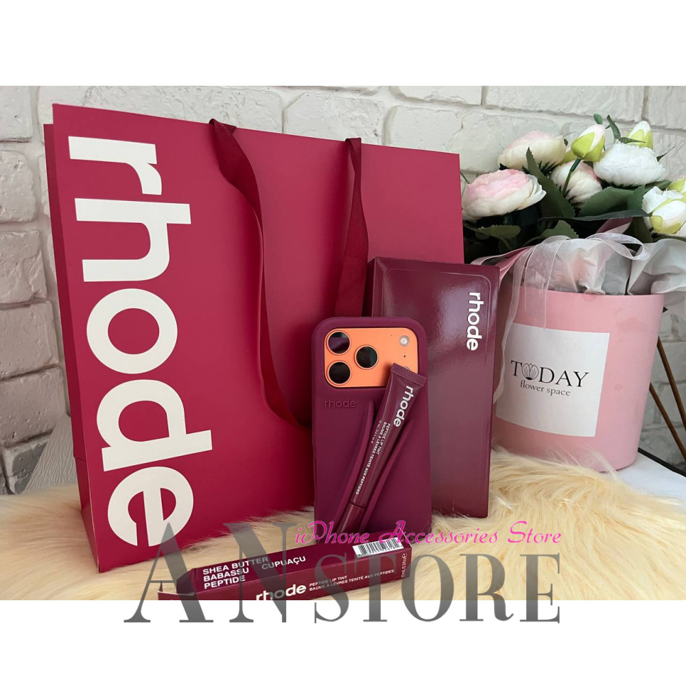Подарочный набор RHODE Raspberry с чехлом на iPhone, блеском для губ